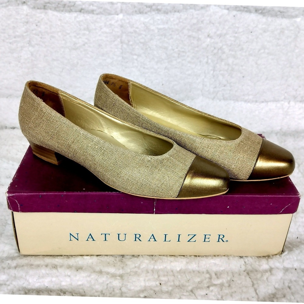 Vintage Naturalizer Linen Metallic Cap Toe Pumps Gold Bronze Pamela